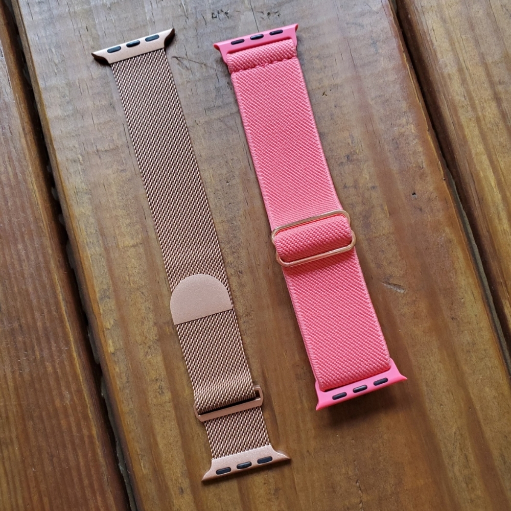 New set of 2 Iphone Apple Watch bands - stretchy coral pink & rose gold band